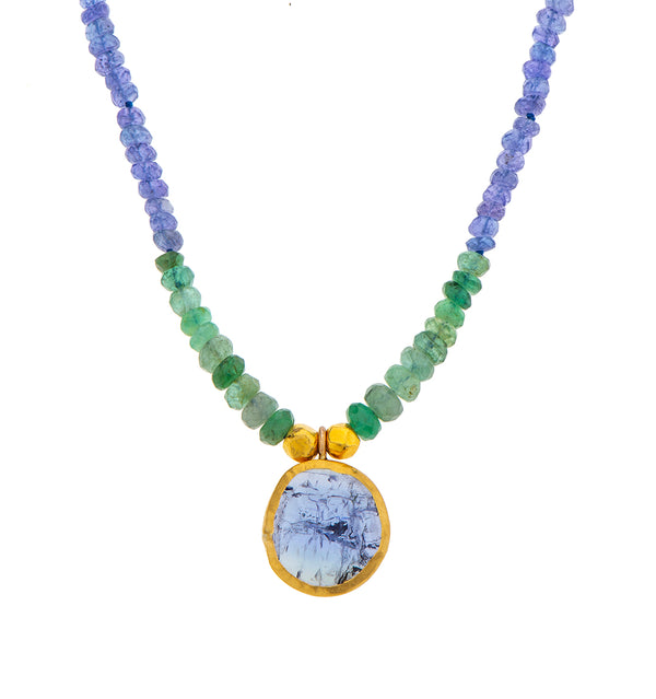 Nava Zahavi Yellow Gold Tanzanite and Emerald Necklace