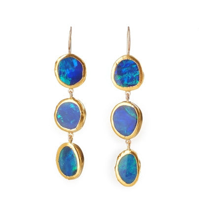 Three stones Earrings of Bright Blue Opal wrapped in 24K Gold Approx width 0.5" Hang 2"
