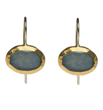 Oval Labradorite Earrings wrapped in 24K Gold Hang 20mm Width 14mm