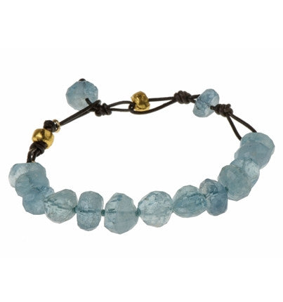 Best Quality Aquamarine Bracelet on Brown Leather cord with 24k pure Gold Nuggets