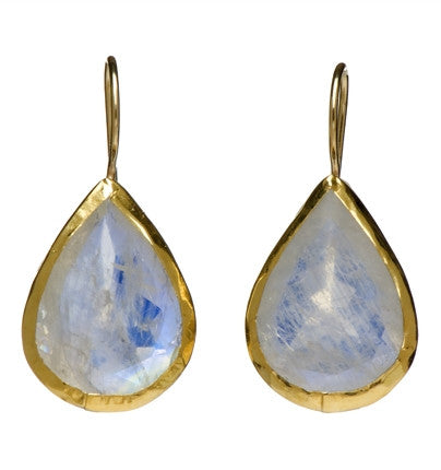 Large Moonstone Teardrop Earrings wrapped with 24K Gold Hang 28mm Width 16mm