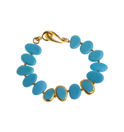 Bracelet of Turquoise with three stones wrapped with 24K Gold 7.5" Long or upon request