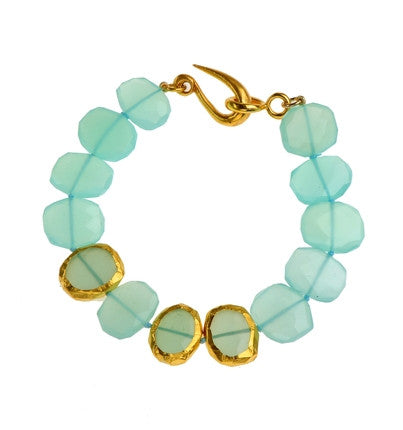 Bracelet of Peruvian Chalcedony with three stones wrapped with 24K Gold 15" Long 
