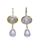 Earrings of Oval Moonstone wrapped with 24K Gold and a Dangling White Pearl Hang 35mm Width 14mm