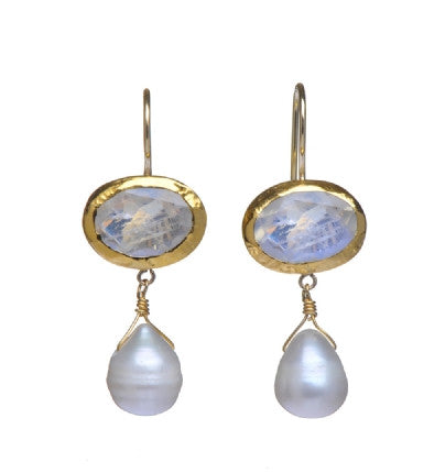 Earrings of Oval Moonstone wrapped with 24K Gold and a Dangling White Pearl Hang 35mm Width 14mm