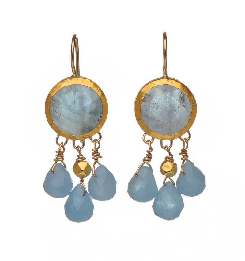 Round Aquamarine Earrings wrapped with 24K Gold with three Aquamarine drops Hang 40mm Width 14mm