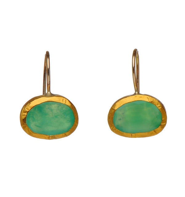 Gold oval Chrysoprase Earrings wrapped with 24K Gold Hang 30mm Width 12mm