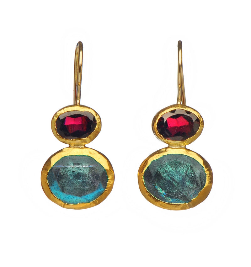 Two stone Earrings of oval Garnet and Oval Labradorite, all wrapped with 24K Gold Hang 30mm Width 12mm