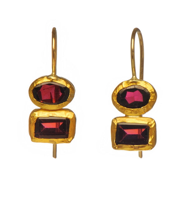 Small Double stone Earrings of Garnet, all wrapped with 24K Gold Hang 20mm Width 10mm