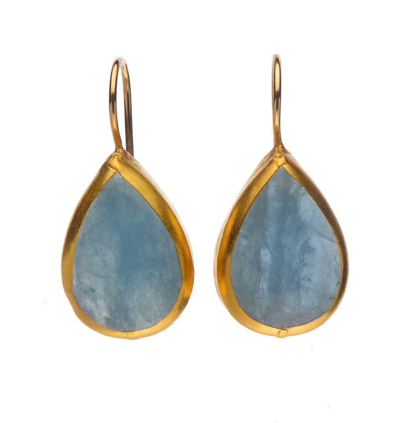 Aquamarine Tear Drop Earrings wrapped with 24K Gold Measurments: Hang 25mm Width 13mm