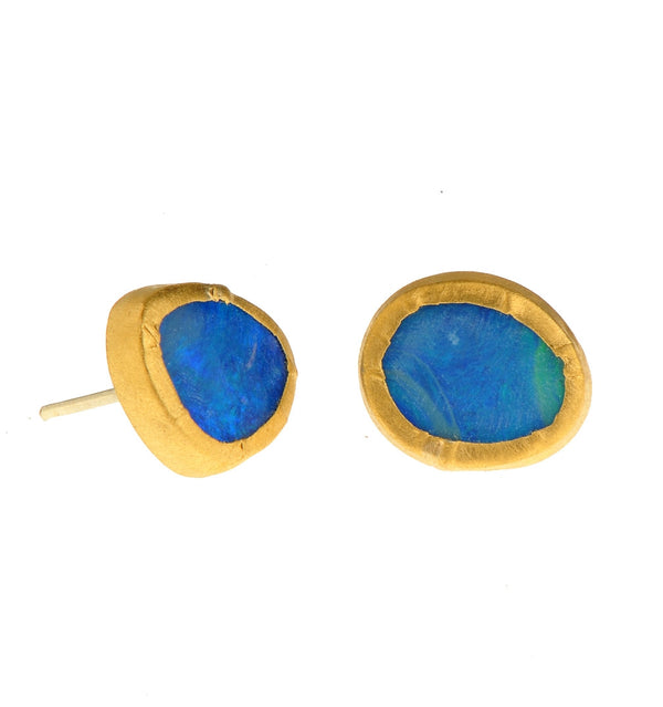 One Of A Kind Uneven shaped Opal Stud Earrings wrapped with 24K Gold