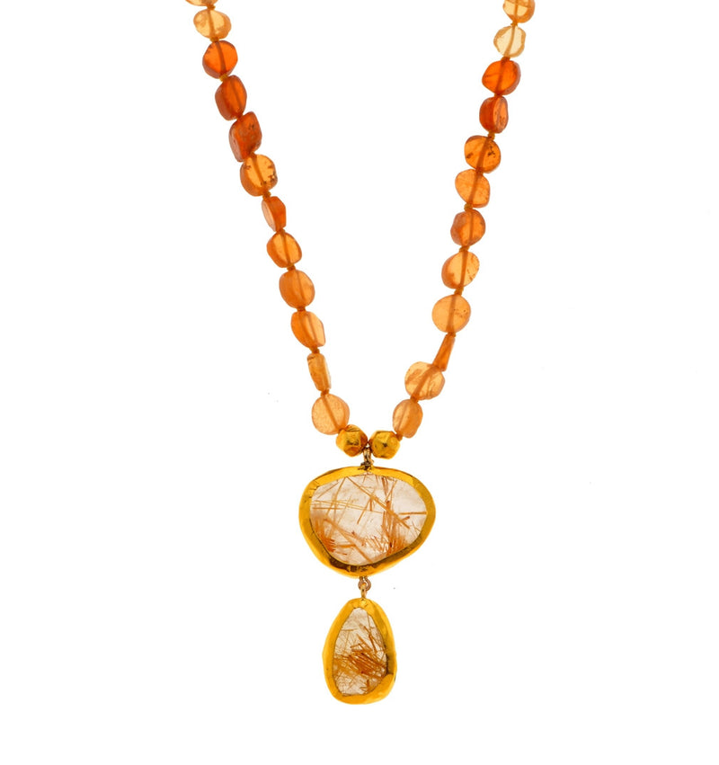 Hessonite Necklace with two drops of Ruthilated Drops, both wrapped with 24K Gold