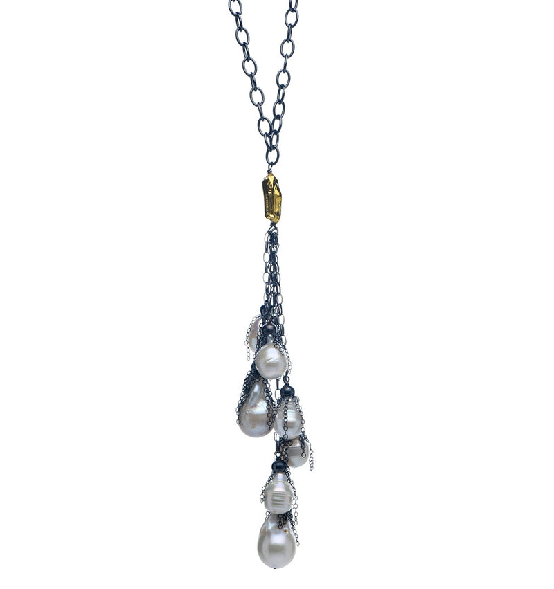 Long Sterling Silver Necklace with 7 Large Fresh water Pearls and 24K Pure Gold!!!