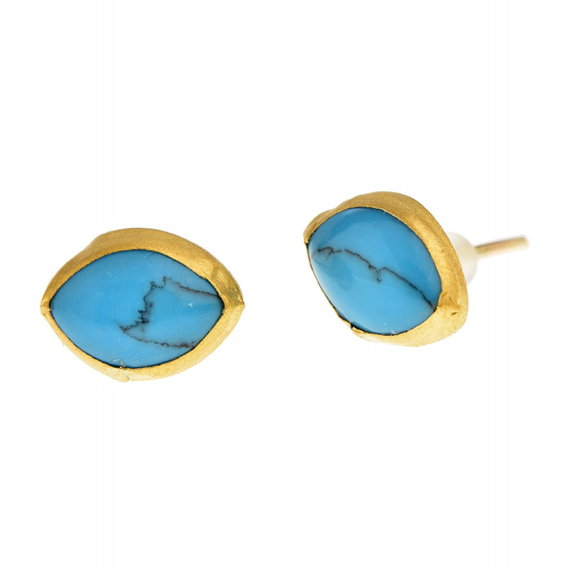 Marquise Turquoise stud Earrings wrapped with 24K Measurments 7x11mm 