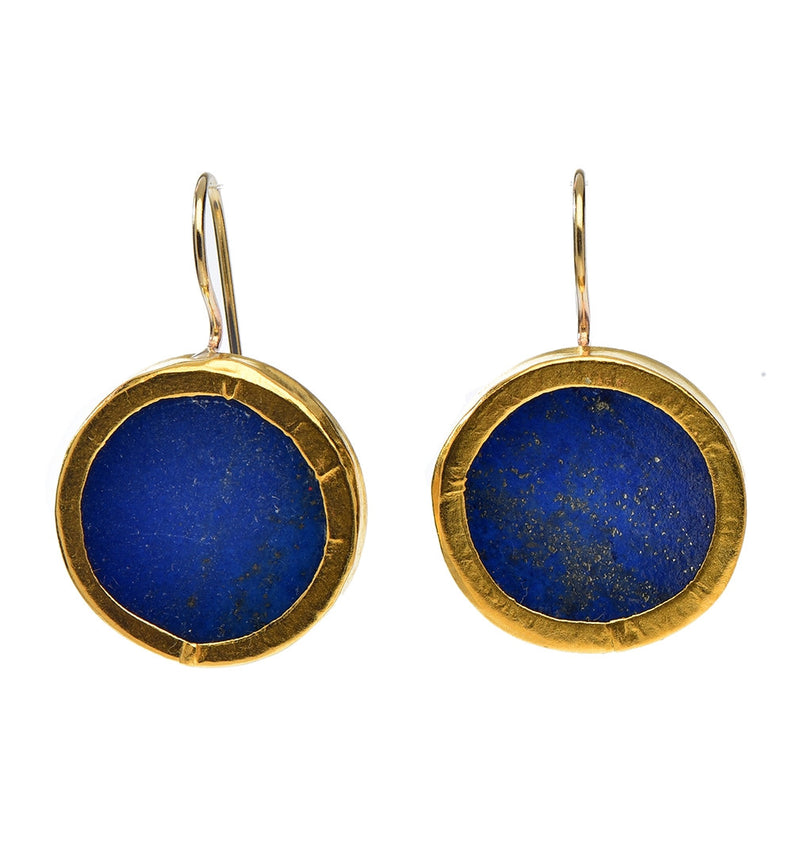 Round Lapis Earrings wrapped in 24k Gold Hang 25mm Width 18mm