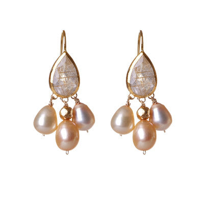 Chandelier Earrings of Rutilated Quartz and Freshwater Pearls wrapped in 24K Gold Hang 40 mm Width 20 mm